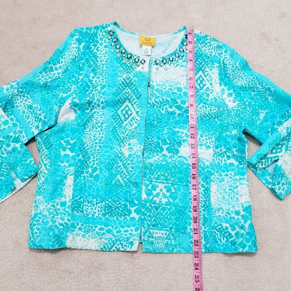 Ruby Rd. Womens Size 16 Aqua Blue Embellished Neckline Linen Blend Blouse/jacket - Picture 9 of 12